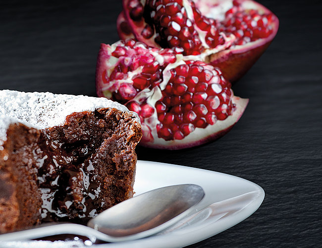 Airy light chocolate soufflé with pomegranate seeds